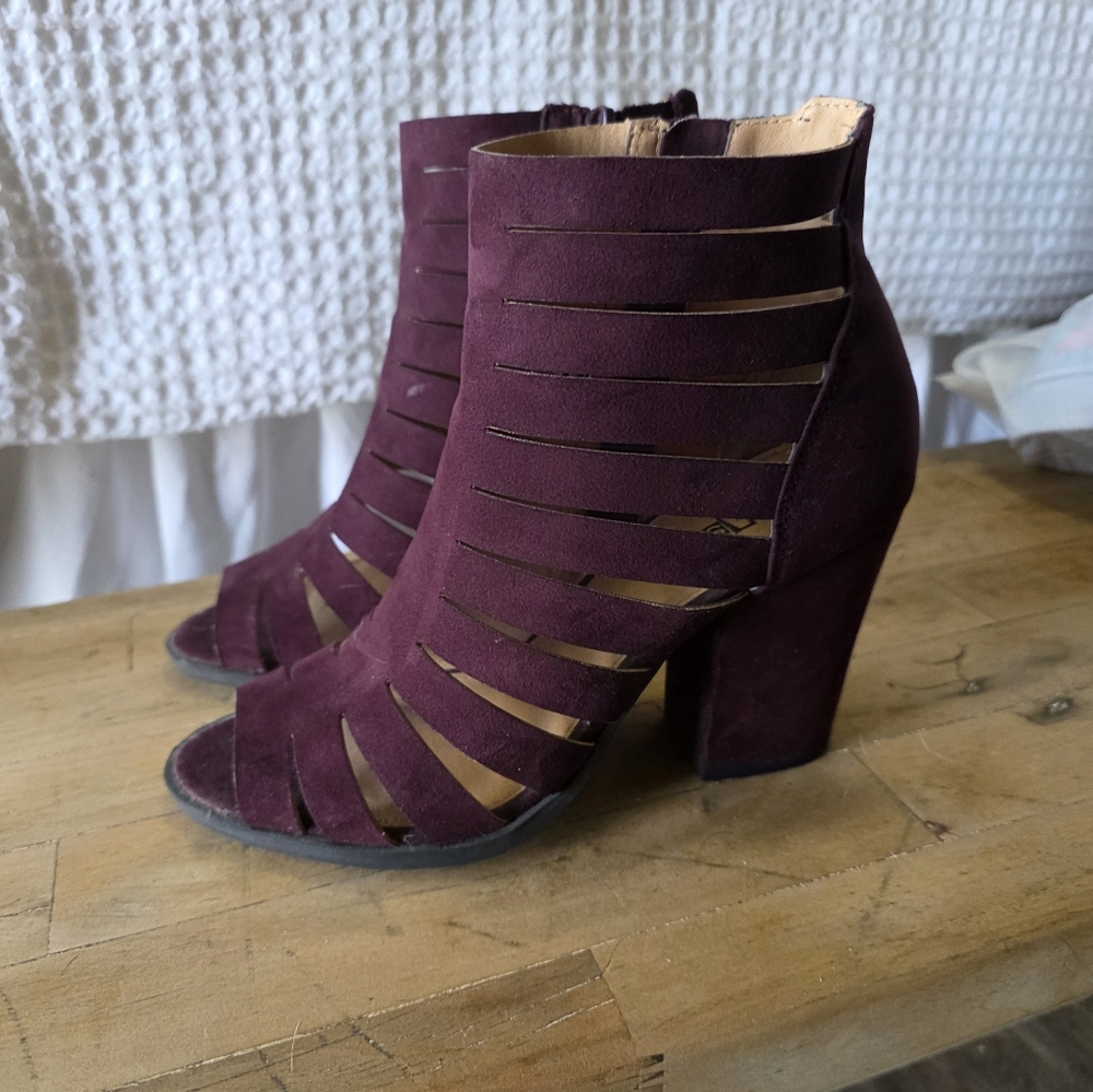 Purple Strappy Heeled Boots with Chunky Heel